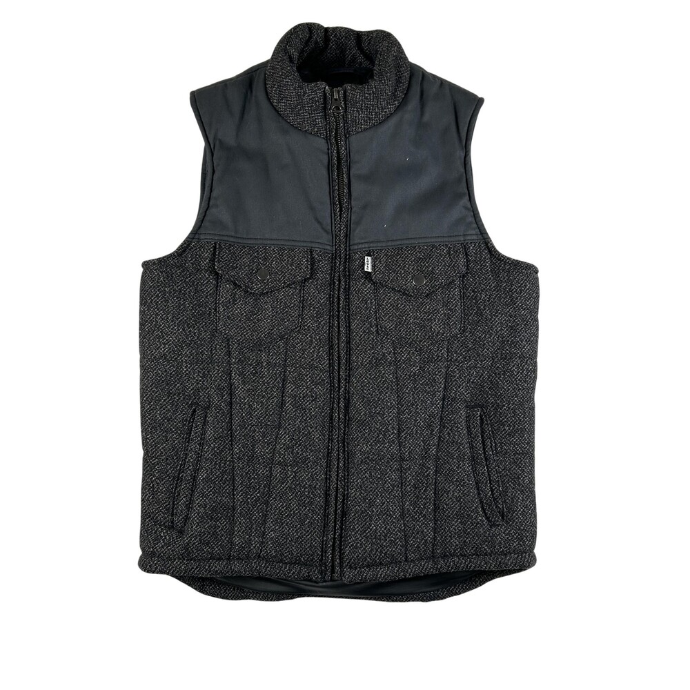 Levis Vest Mens Small Gray Wool Herringbone Tweed Quilted Puffer Zip Pockets